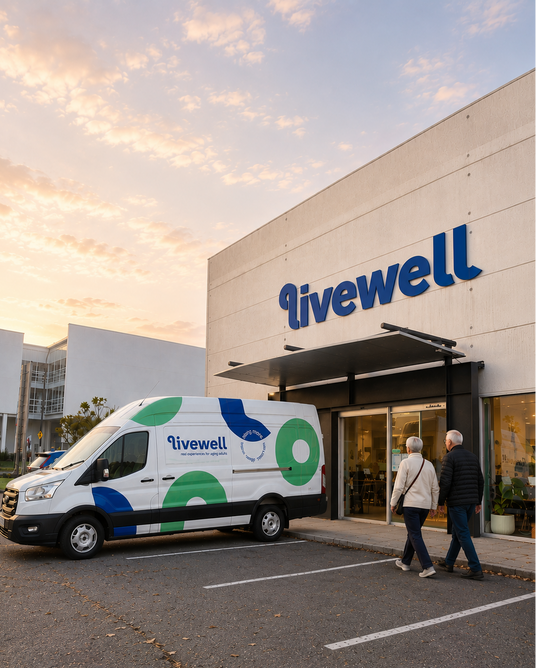 A Livwell branded white van parked outside a Livwell building, with two people walking toward the entrance under a sunset sky.