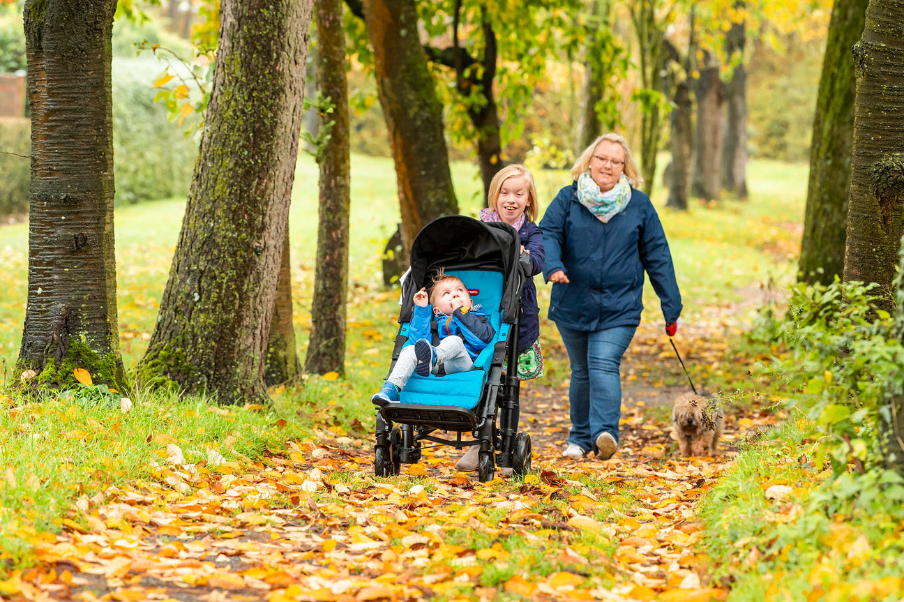 Two women walk along a leafy park path; one pushes a stroller with a smiling child, while the other walks a small dog. Trees line the path and autumn leaves cover the ground.