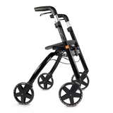 The Escape 5 by Escape 5 is a black, lightweight folding rollator with four large wheels, ergonomic and height-adjustable handles, a built-in seat, and a sleek frame for style, mobility support, and easy maneuverability.