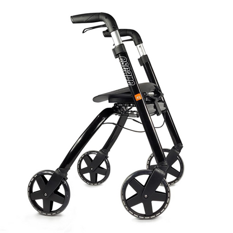 The Escape 5 by Escape 5 is a black, lightweight folding rollator with four large wheels, ergonomic and height-adjustable handles, a built-in seat, and a sleek frame for style, mobility support, and easy maneuverability.