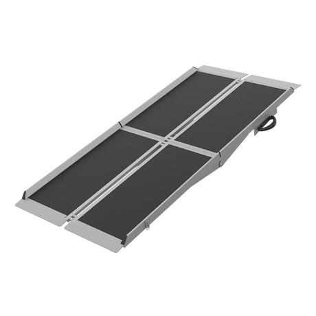 The Allied Medical Broadband Foldable Ramp, made from durable aluminium with black non-slip surfaces and a carrying handle, is shown fully extended on a white background—perfect for modern mobility needs.
