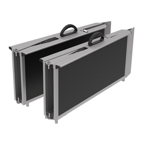 Two Allied Medical Broadband Foldable Ramps with black surfaces, silver aluminium edges, and top central handles stand upright, slightly angled apart. These portable mobility solutions offer easy transport and sturdy support.
