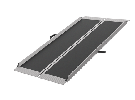 The Allied Medical Broadband Foldable Ramp is a lightweight, portable aluminium ramp with a black non-slip surface, silver edges, center handle for easy carrying, and foldable design—ideal for safe wheelchair access.