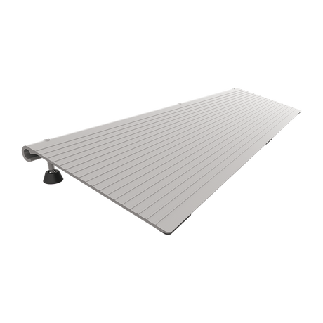 The Allied Medical Doorstep 76 cm Ramp is a long, flat, rectangular metallic ramp for wheelchairs with parallel grooves, a rounded edge on one side, a non-slip surface, and is supported by a small black foot underneath.
