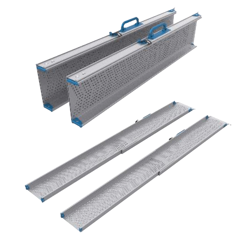 Two sets of Rehasense Pondus Telescopic Ramps, each with non-slip perforated surfaces and blue handles, shown folded and flat. Designed for portability and easy wheelchair access.