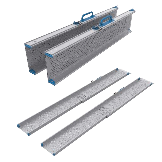 Two sets of Rehasense Pondus Telescopic Ramps, each with non-slip perforated surfaces and blue handles, shown folded and flat. Designed for portability and easy wheelchair access.