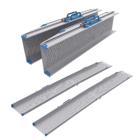 The image shows two Allied Medical Pondus 200 cm Foldable Ramps, each with blue handles and end caps, displayed folded and unfolded. These lightweight aluminium ramps feature a non-slip surface for safe use.