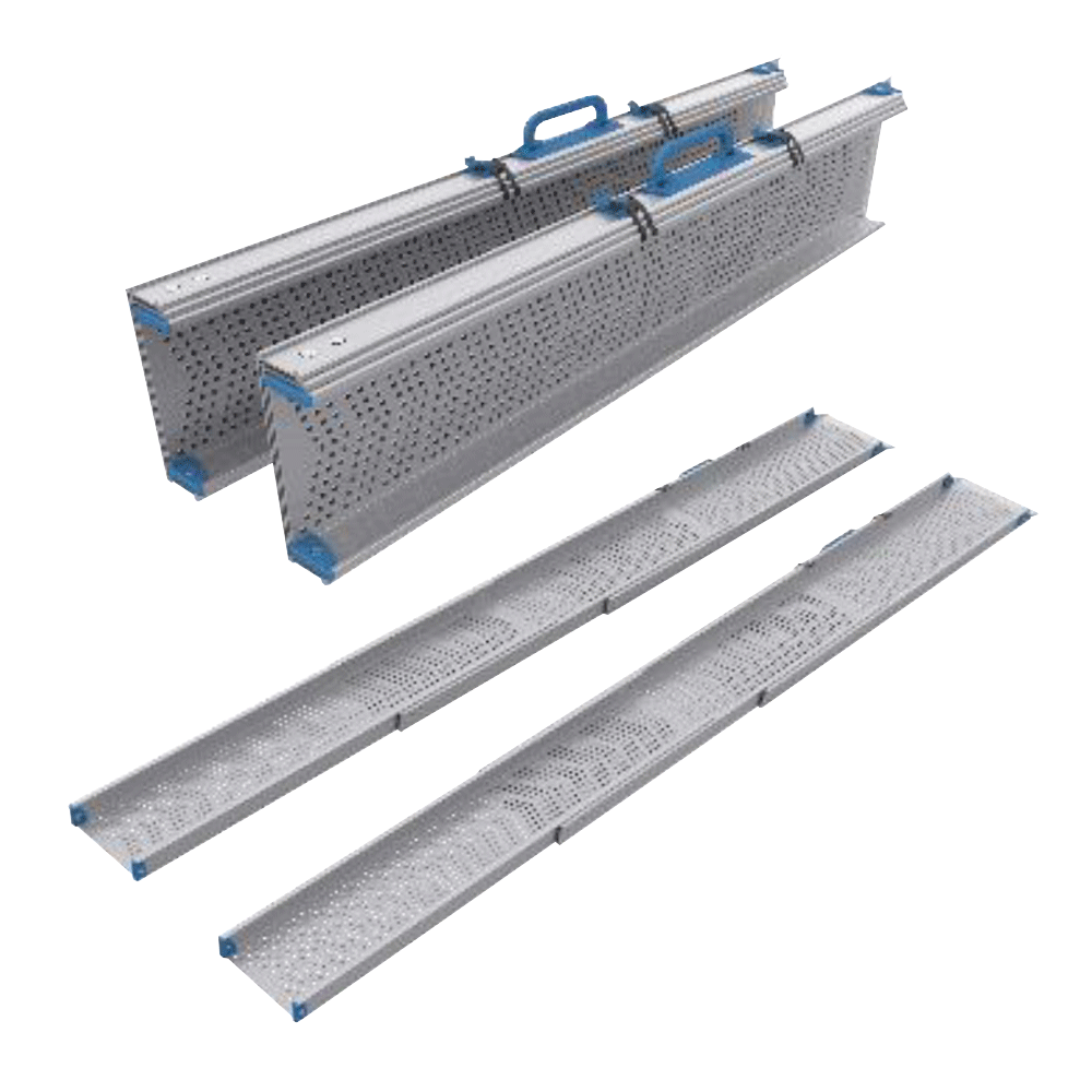 Four Allied Medical Pondus Telescopic Ramps with non-slip perforated aluminum surfaces and blue handles, shown folded and extended, ideal for wheelchair access, displayed on a white background.