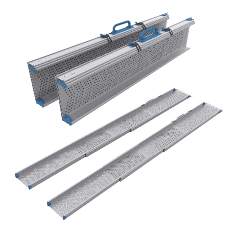 Four Allied Medical Pondus Telescopic Ramps with non-slip perforated aluminum surfaces and blue handles, shown folded and extended, ideal for wheelchair access, displayed on a white background.