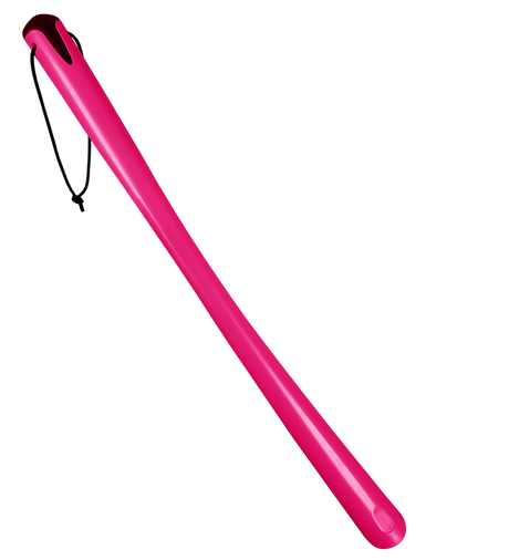 The ShoeStik Shoehorn by ShoeStik features a long, bright pink plastic design with an ergonomic handle and black loop for easy hanging or carrying—ideal for anyone needing help putting on shoes.
