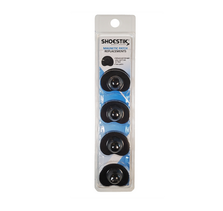 A pack of ShoeStik Replacement Magnetic Patches by ShoeStik features four black round magnetic patches in clear vertical packaging, perfect for hands-free dressing.